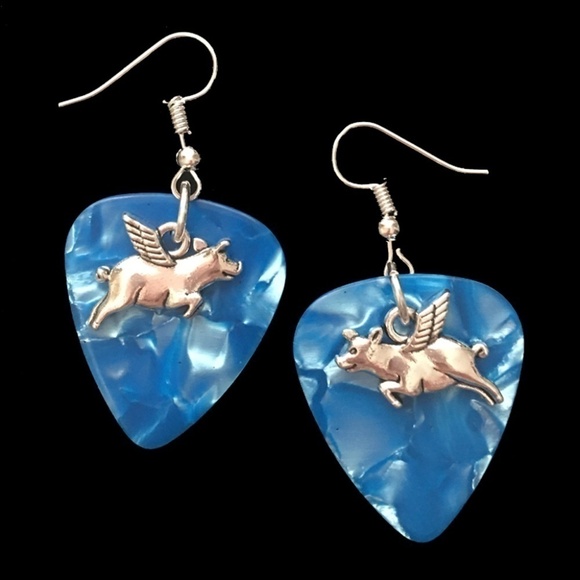 𝅺HAND Crafted Drop Earrings When Pigs Fly Repurposed Guitar Picks - Picture 3 of 6